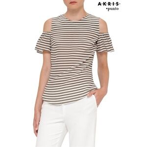 AKRIS PUNTO WOMEN NWT 100% SILK STRIPED RUFFLED COLD-SHOULDER BLOUSE. SIZE 2(XS)